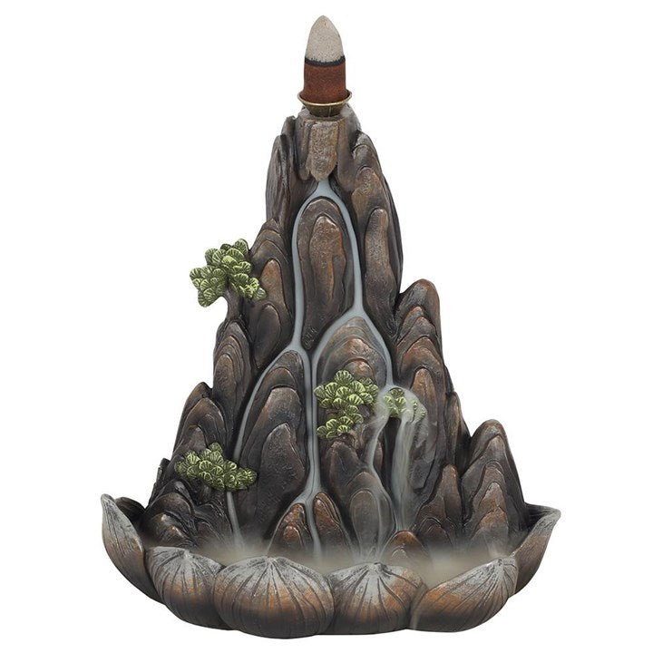 Bronze mountain-shaped resin backflow incense burner with cascading smoke effect