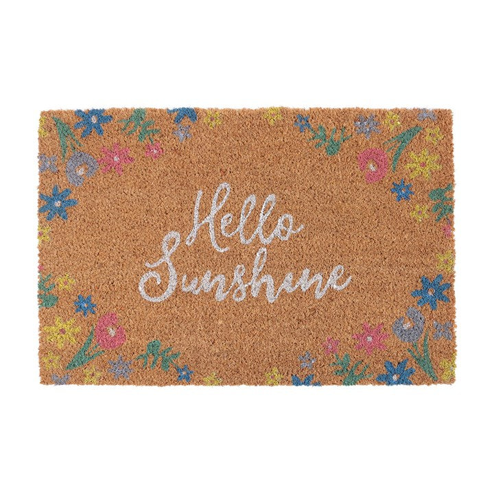 Doormat with 'Hello Sunshine' text and floral border on a white background