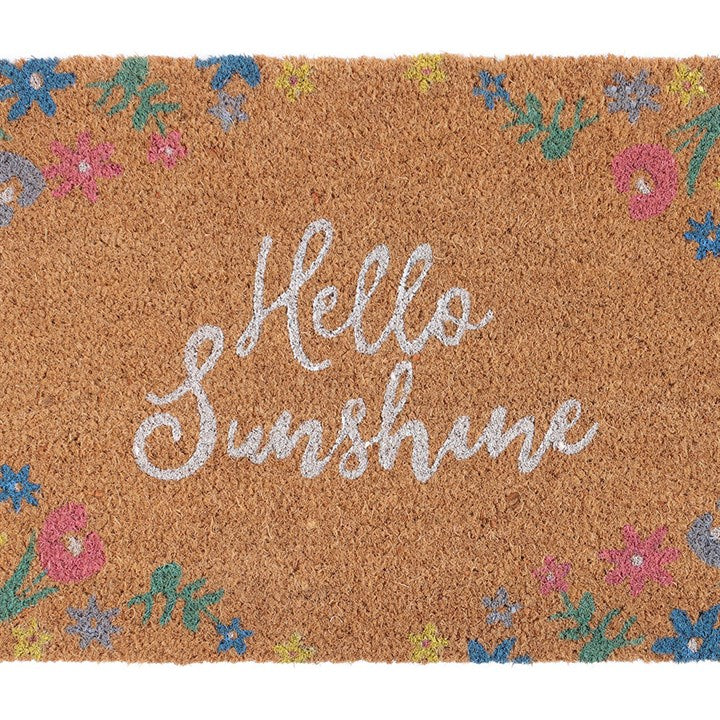 Doormat with 'Hello Sunshine' text and floral designs on a brown background