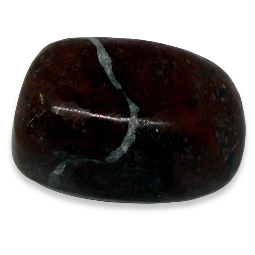 Polished dark brown stone with a silver vein on a white background