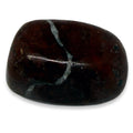 Polished dark brown stone with a silver vein on a white background