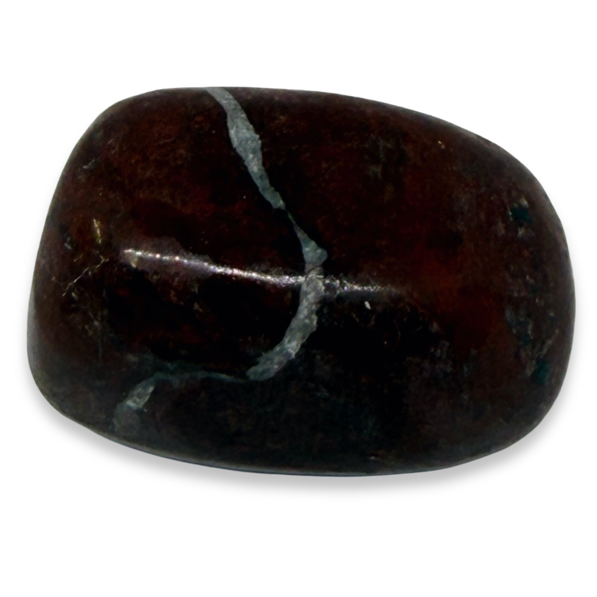 Polished dark brown stone with a silver vein on a white background