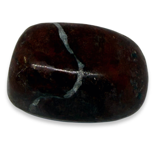 Polished dark brown stone with a silver vein on a white background