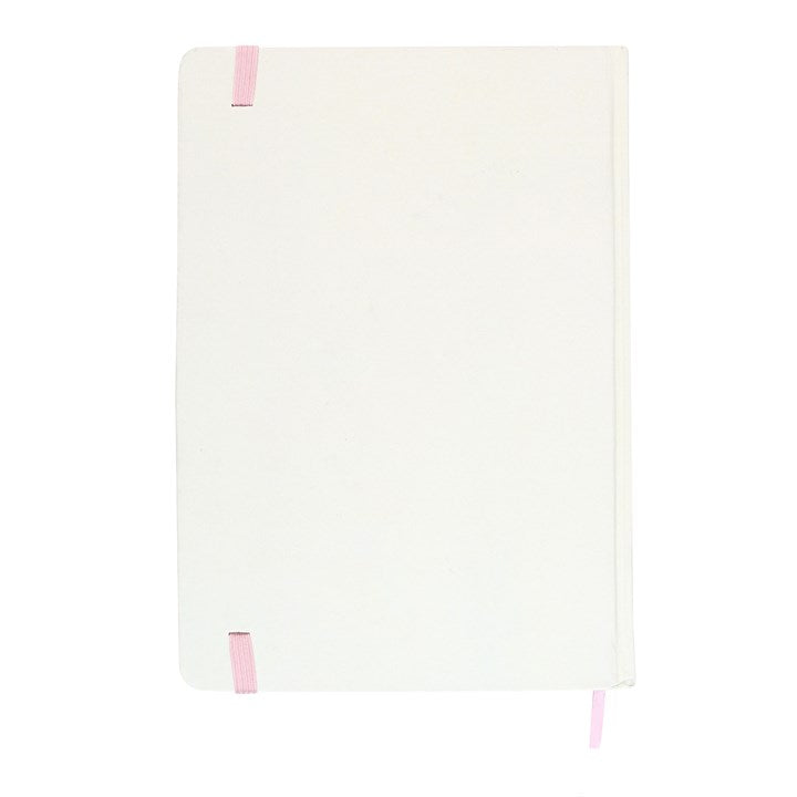 White notebook with pink accents on a white background