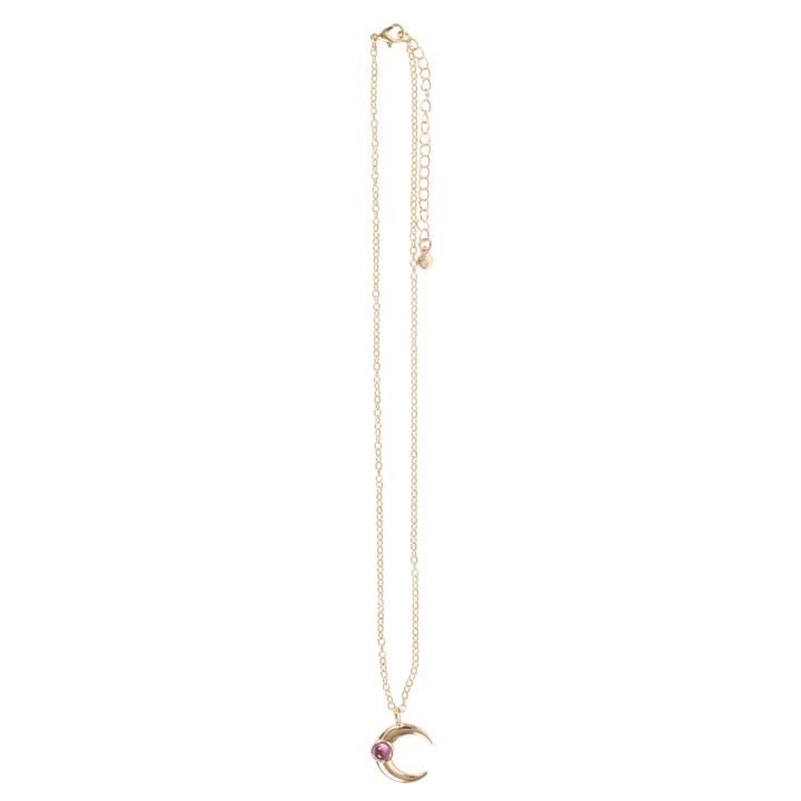 Gold necklace with a crescent moon pendant on a white background