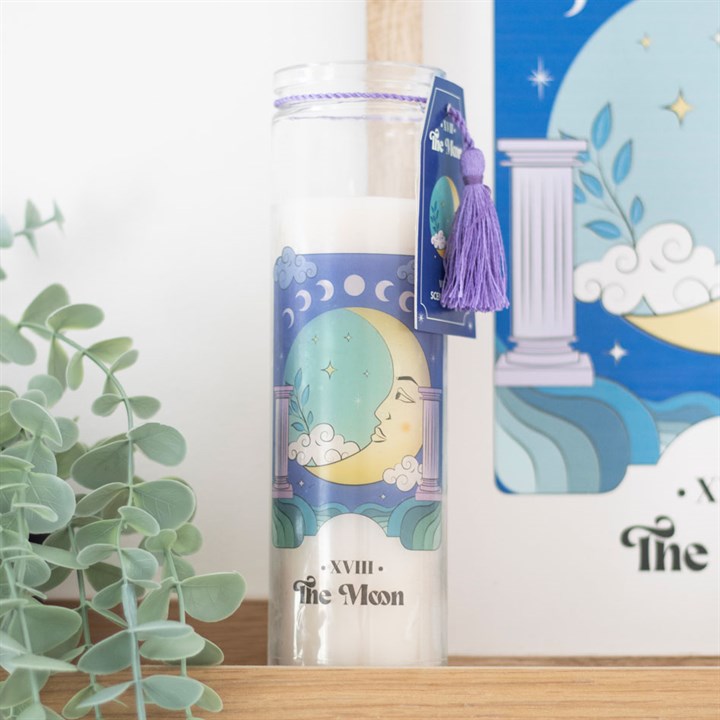Decorative candle with moon design packaging on a shelf with a plant in the background