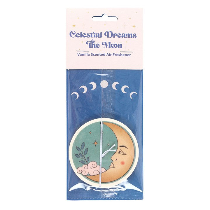 Vanilla scented air freshener packaging with celestial design on a white background