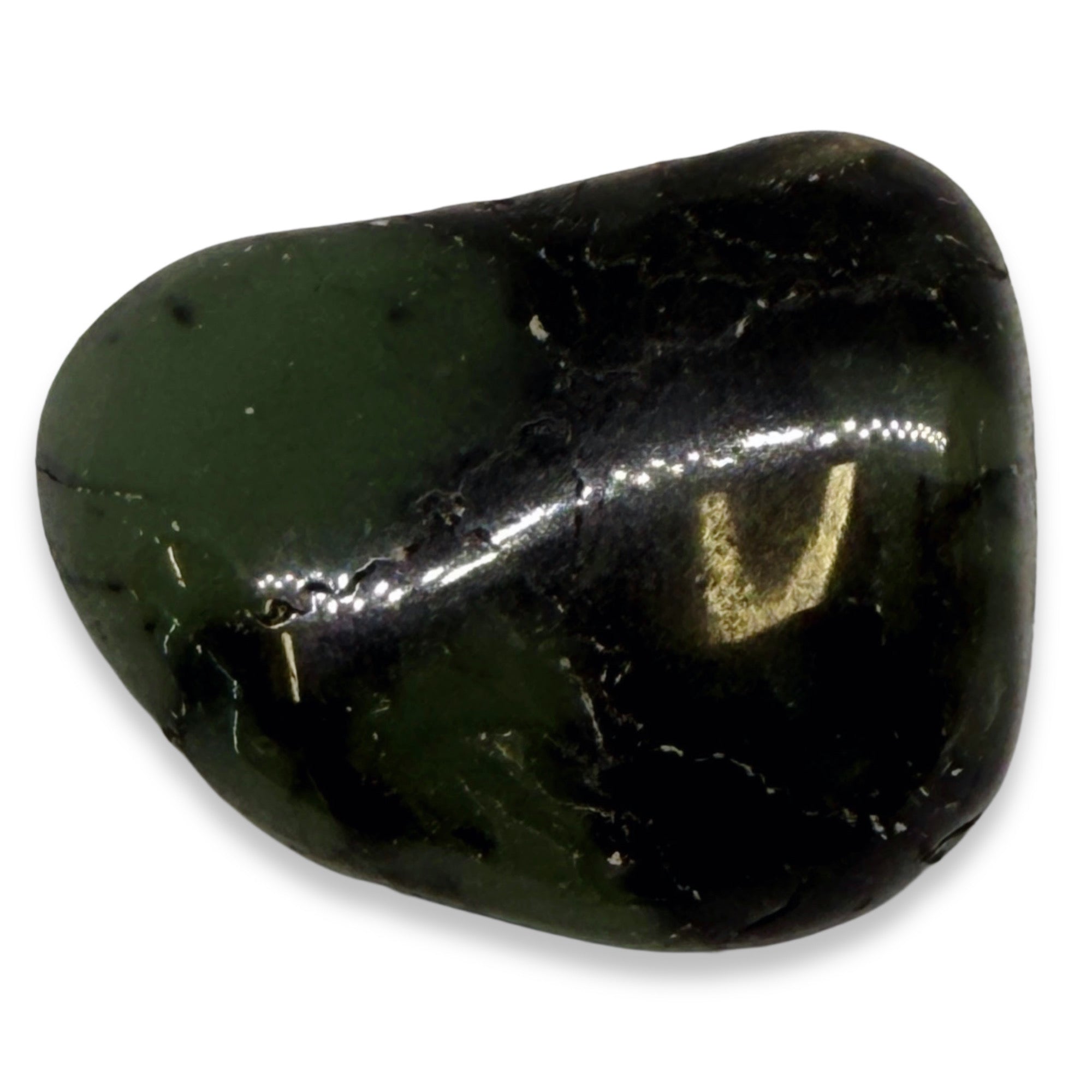 Polished green stone on a white background