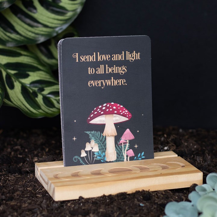 Notebook with mushroom illustration and text on a wooden stand with plants in the background