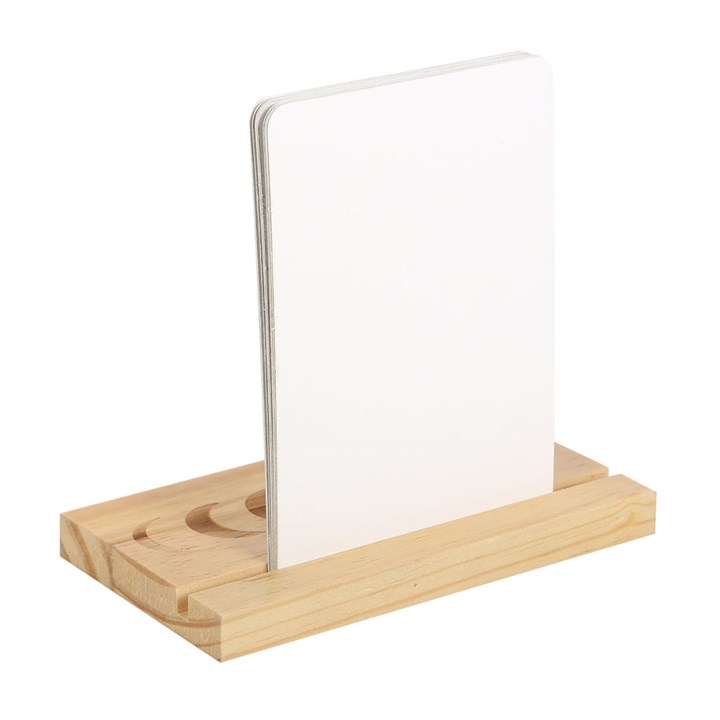 Wooden display stand with a clear acrylic panel on a white background