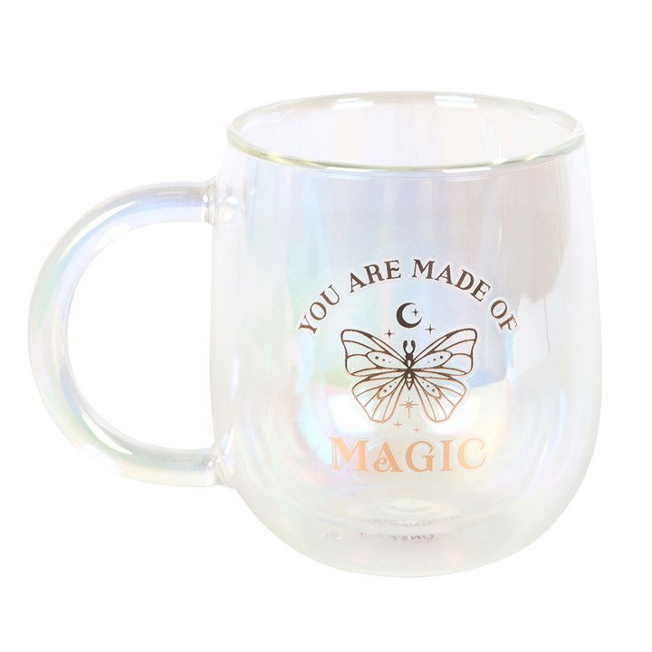 Iridescent mug with butterfly design and text on a white background
