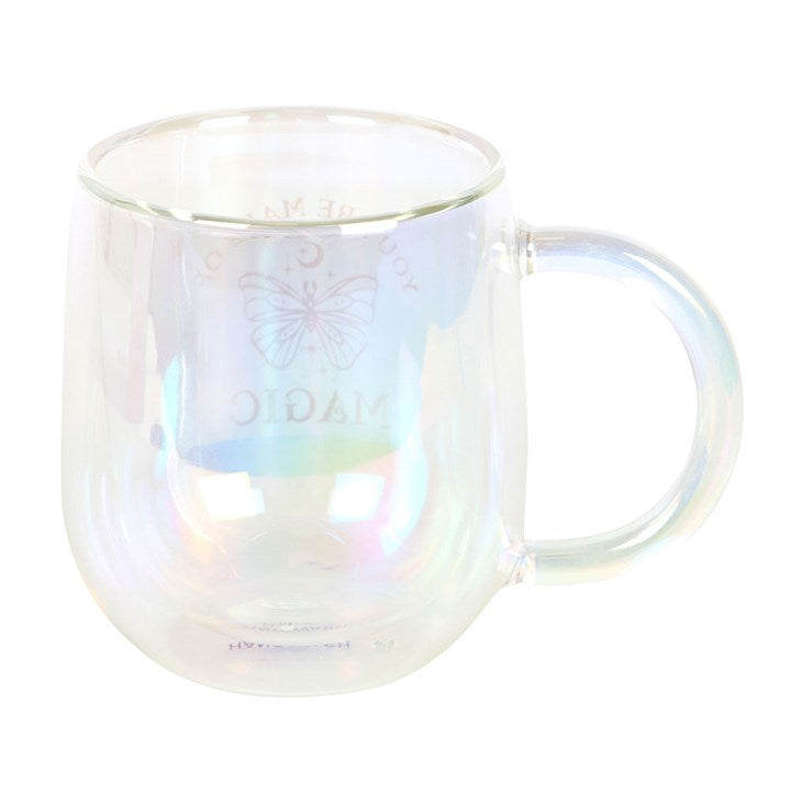 Iridescent glass mug on a white background