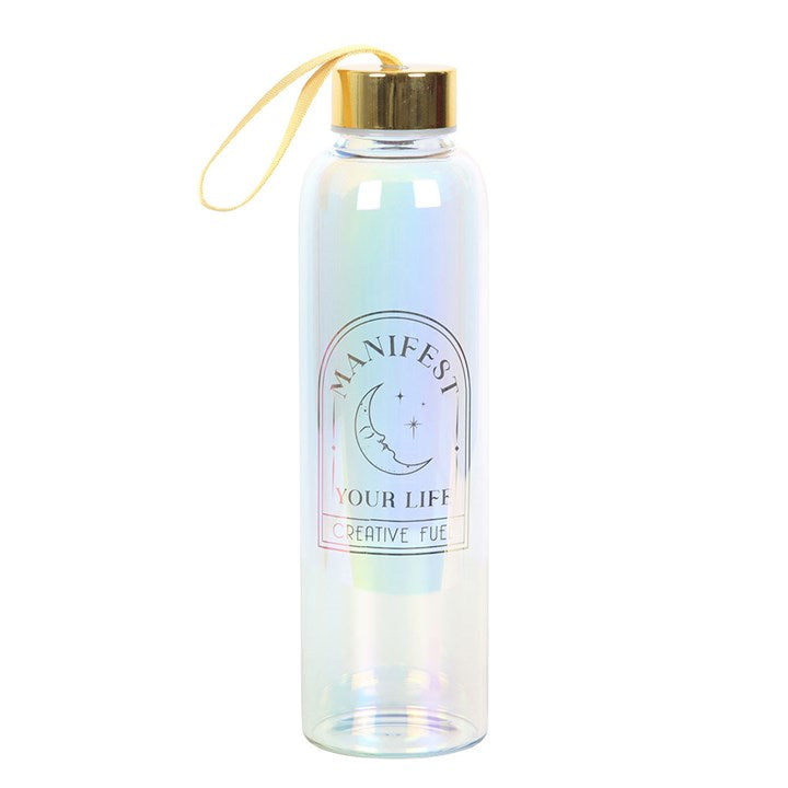 Close-up of iridescent glass water bottle showing holographic rainbow effect and Manifest Your Life text