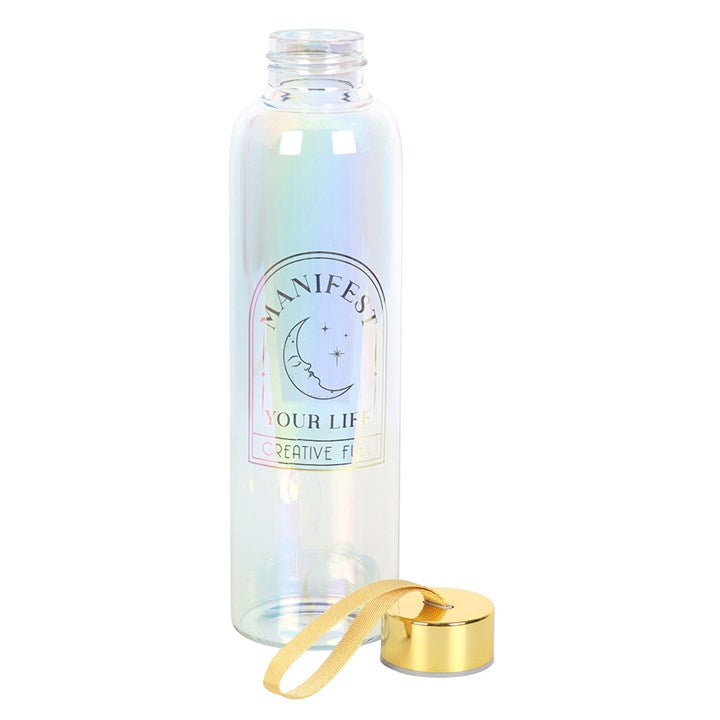 Side view of Manifest Your Life glass water bottle displaying colour-changing iridescent finish
