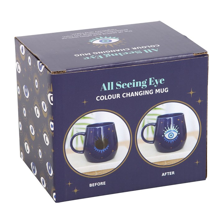 Box packaging for an 'All Seeing Eye' color-changing mug with before and after images.