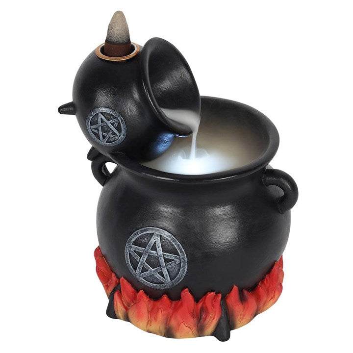 Black cauldron-shaped incense burner with a pentagram design on a white background