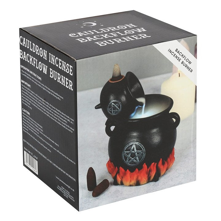 Cauldron incense backflow burner packaging with product image and text.