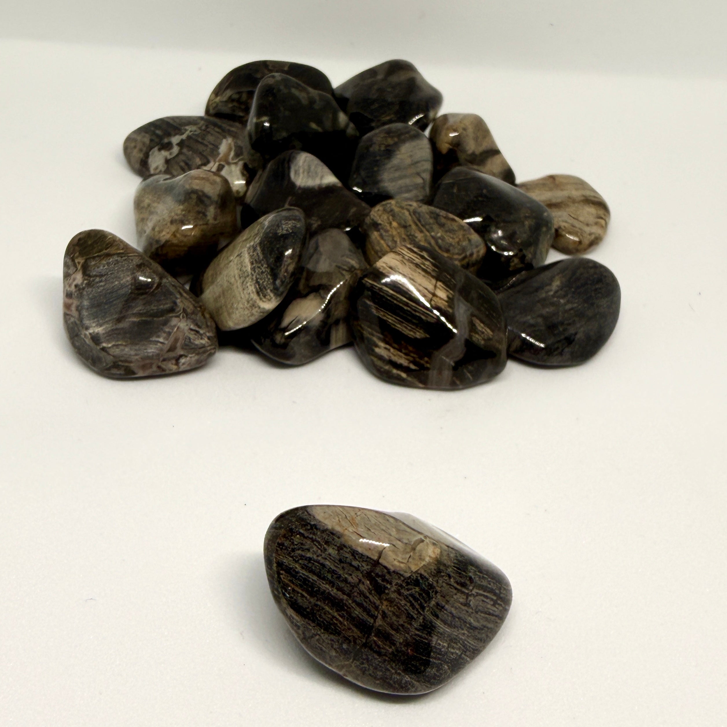 Tumbled black stones on a white background