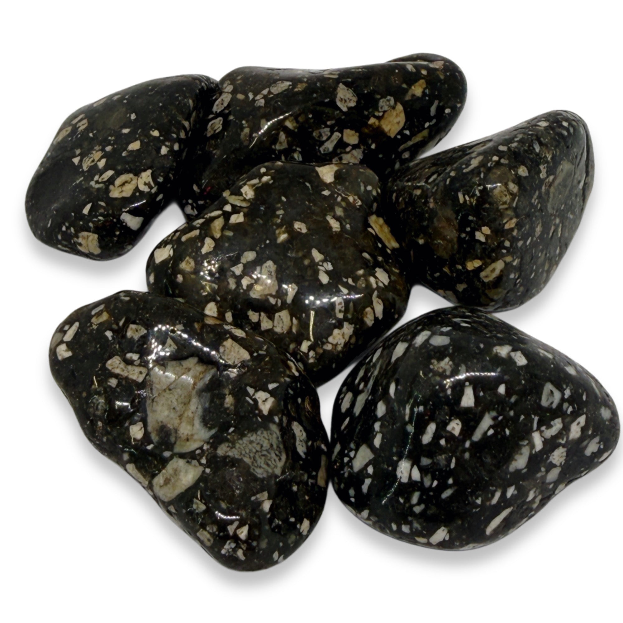 Black and white speckled stones on a white background