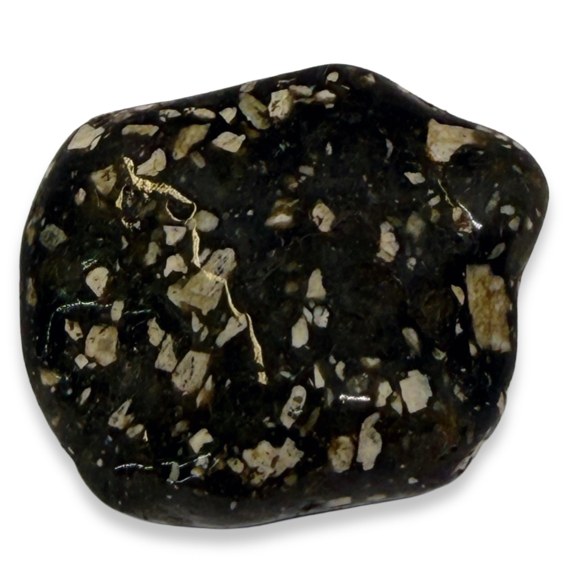 Black stone with white and beige speckles on a white background
