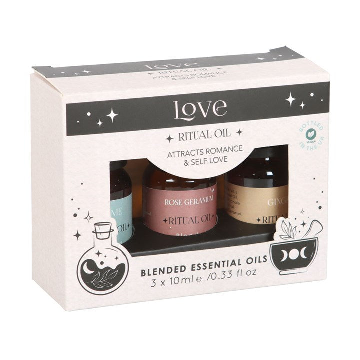Box of blended essential oils with 'Love' theme on a white background