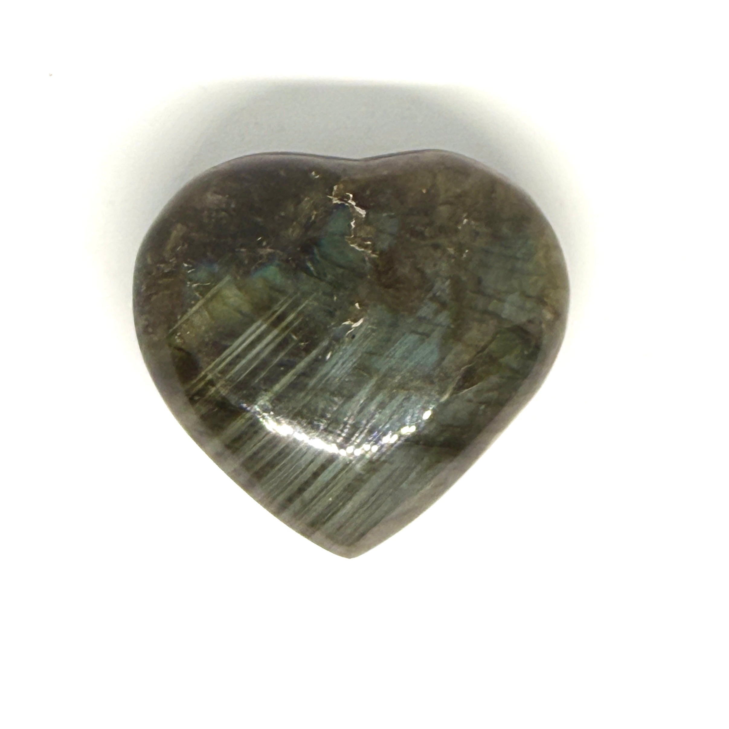 Heart-shaped labradorite stone on a white background