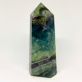 Faceted crystal with green and blue hues on a white background