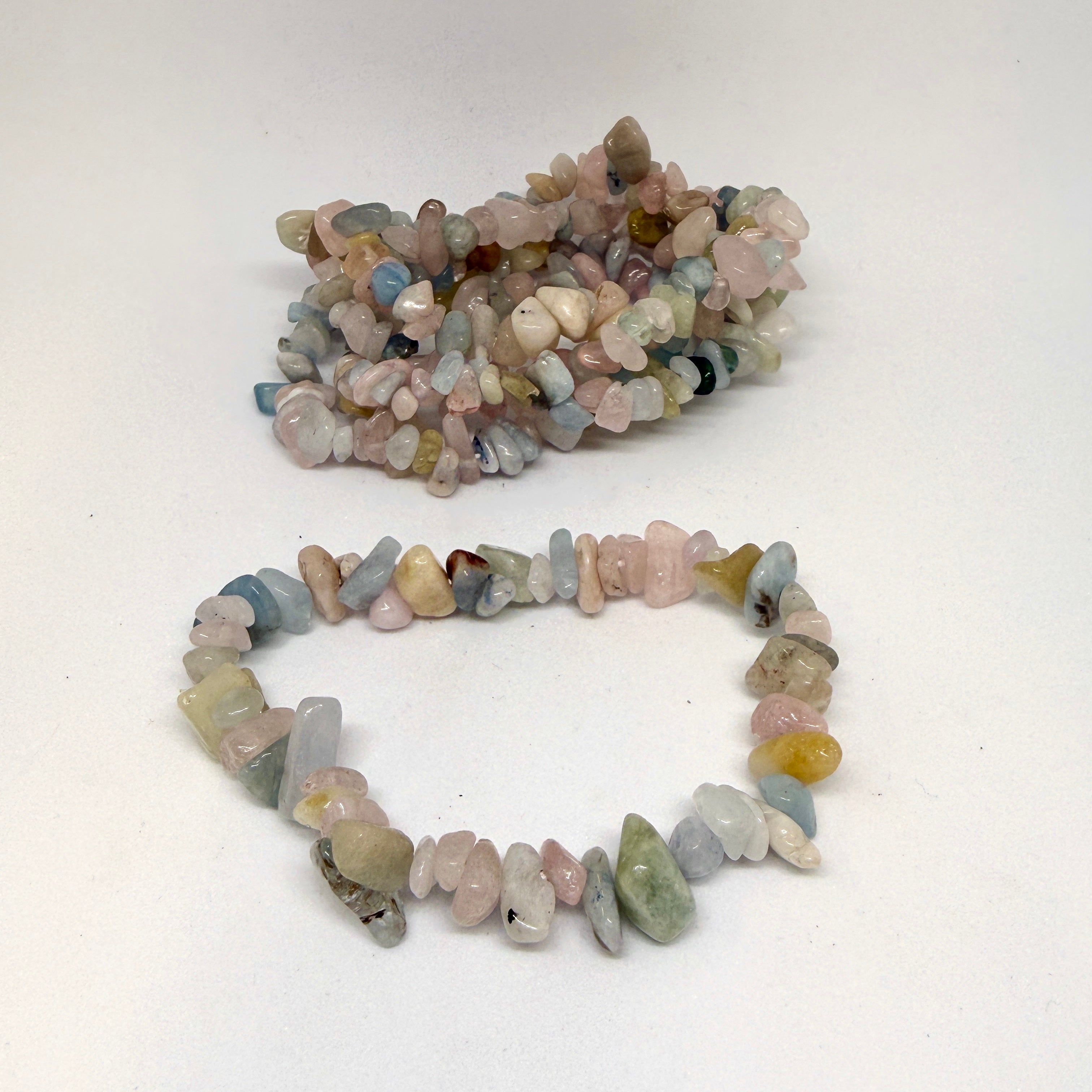 Multicolored stone chip bracelet on a white background