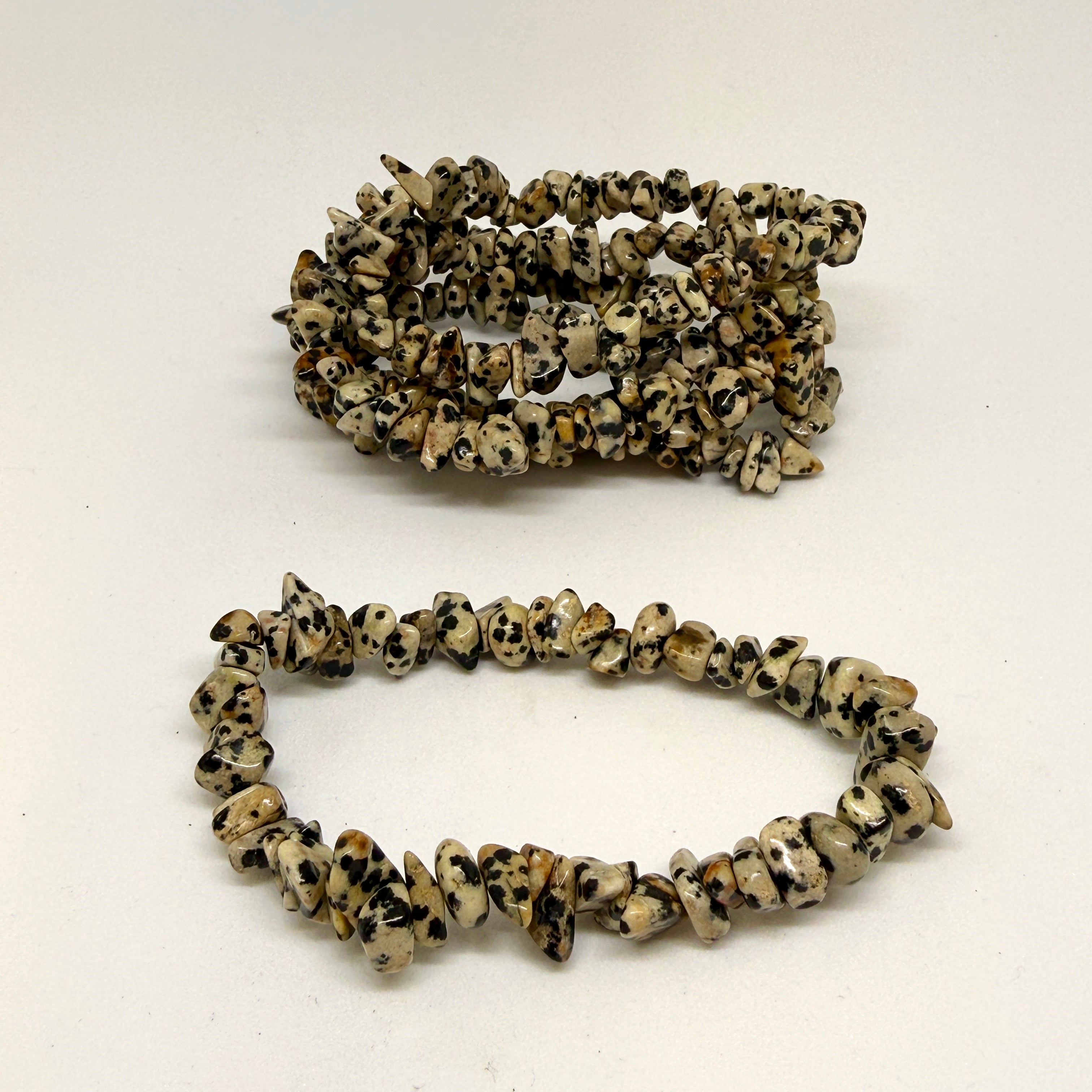 Two stonechip bracelets on a white background
