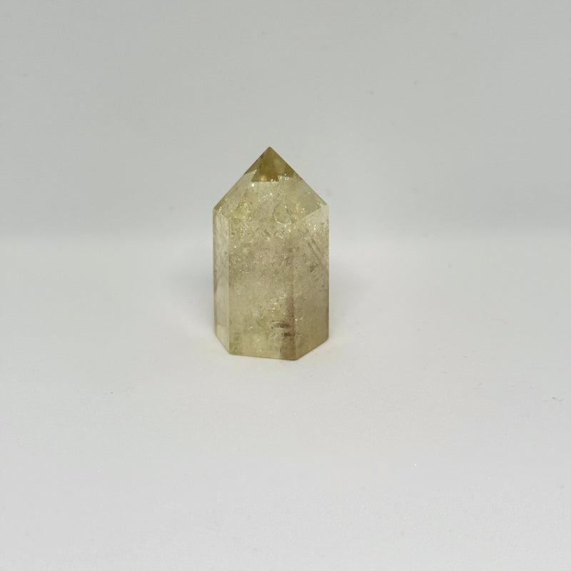 Hexagonal crystal prism on a light gray background