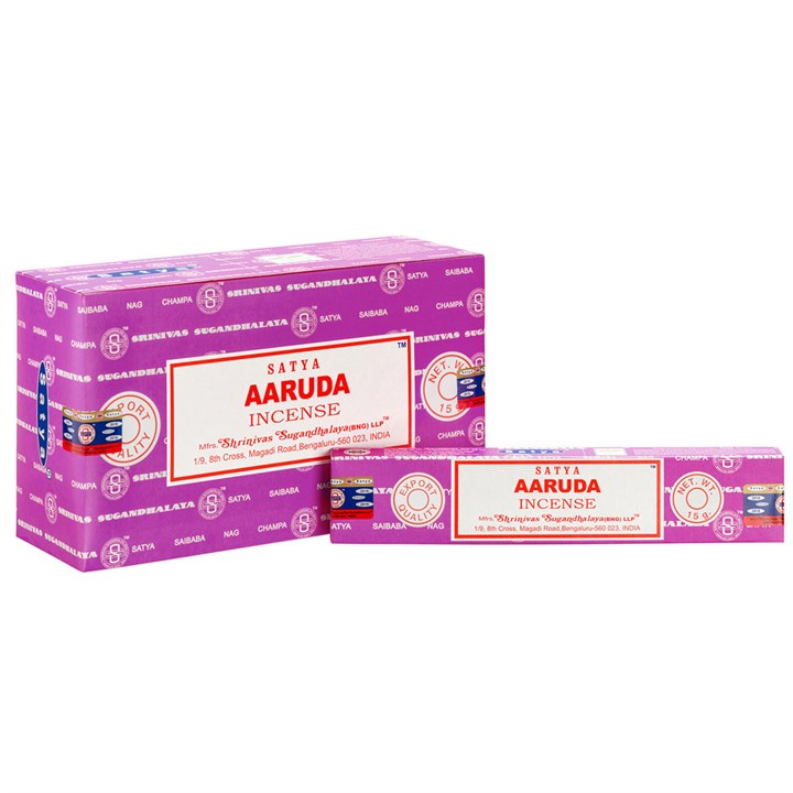 Two boxes of Satya Aaruda Incense on a white background