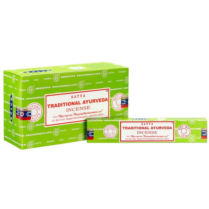 Two boxes of Satya Traditional Ayurveda Incense on a white background