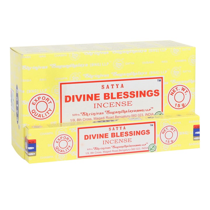 Box of Satya Divine Blessings Incense with yellow and red design