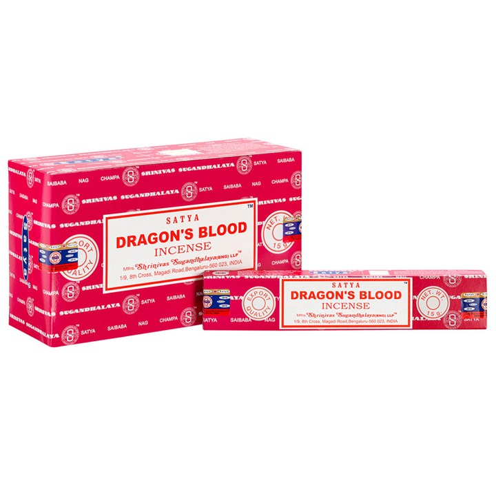 Two boxes of Satya Dragon's Blood incense on a white background