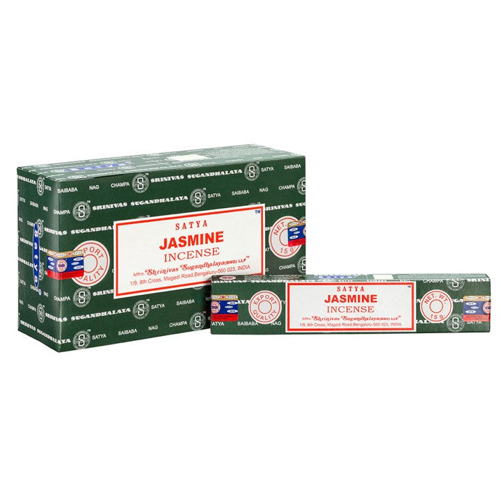 Two boxes of Satya Jasmine incense on a white background