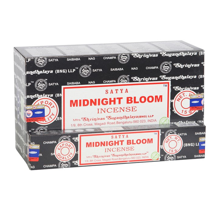 Box of Satya Midnight Bloom incense sticks on a white background