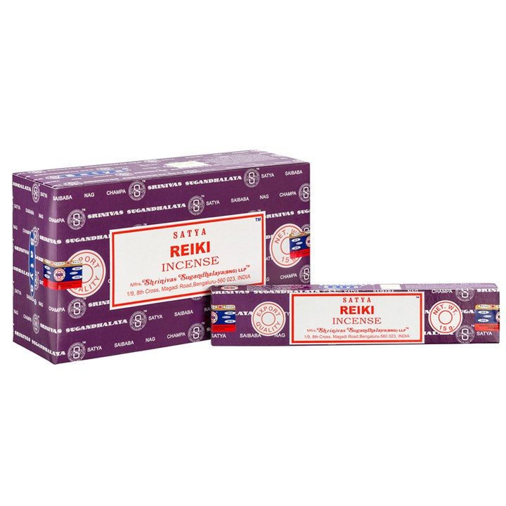 Two packages of Satya Reiki incense on a white background
