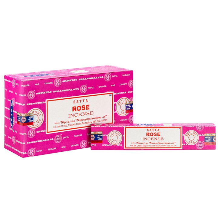 Two boxes of Satya Rose Incense on a white background