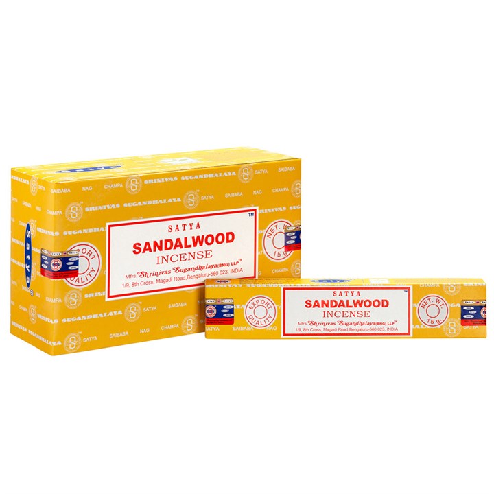 Two boxes of Satya Sandalwood Incense on a white background