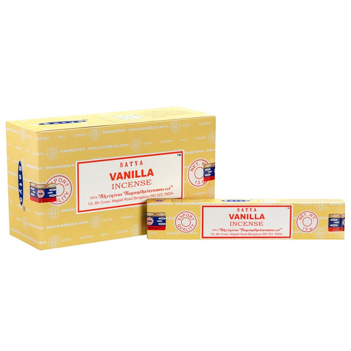 Satya Vanilla Incense packaging on a white background