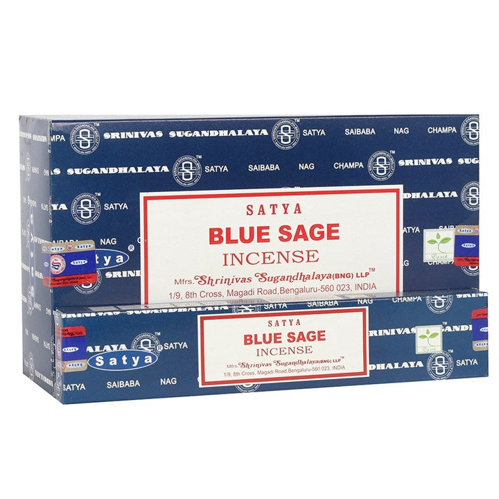 Box of Satya Blue Sage Incense with branding on a white background