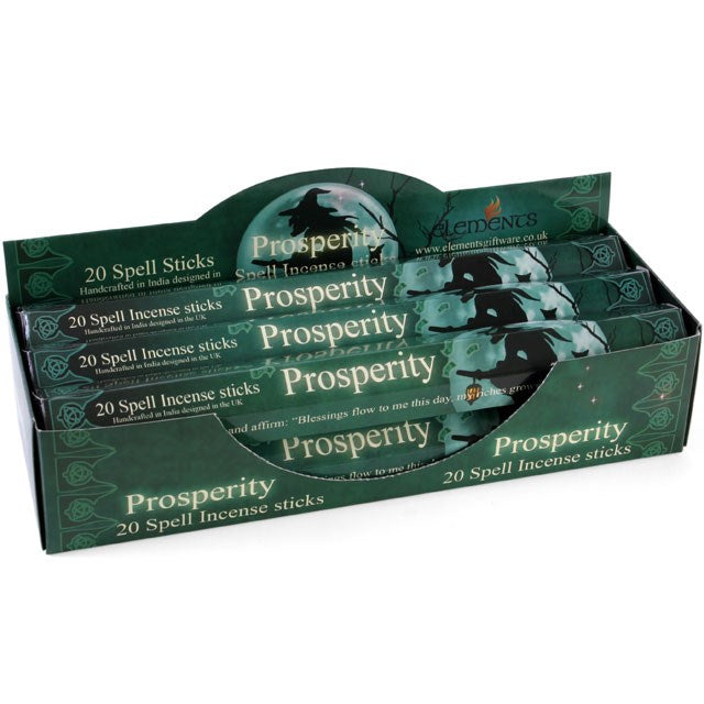 Packaging of 'Prosperity' spell incense sticks with green and white design.