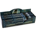 Display of 'Confidence' spell incense sticks packaging with green and black design.