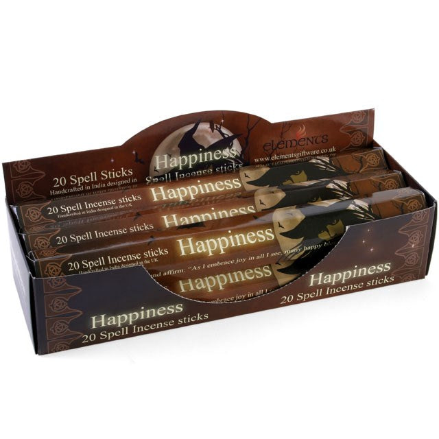 Box of 'Happiness' spell incense sticks with visible branding on a white background