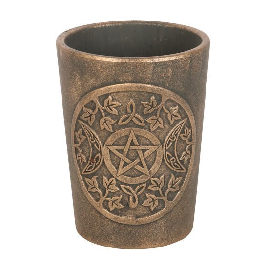 riple Moon bronze terracotta plant pot — front view showing Lisa Parker artwork
