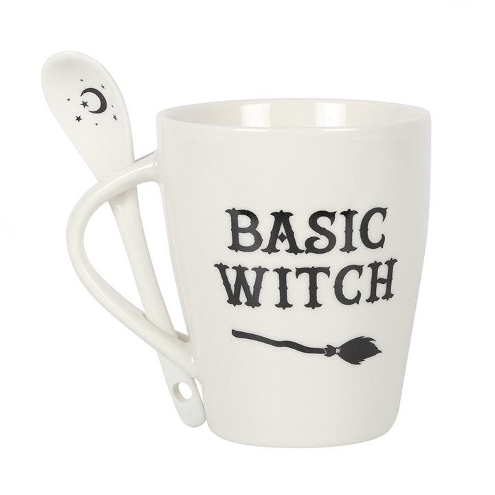White mug with 'BASIC WITCH' text on a white background