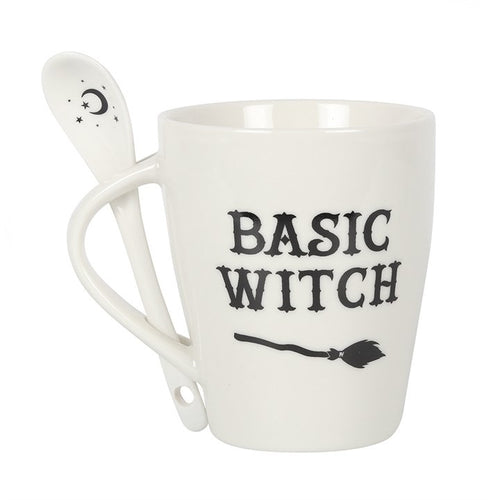 White mug with 'BASIC WITCH' text on a white background