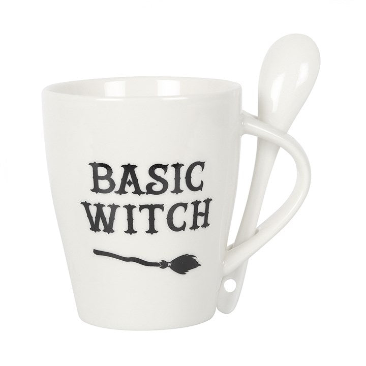 White mug with 'Basic Witch' text and a broomstick on a white background
