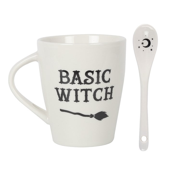 White mug with 'BASIC WITCH' text on a white background