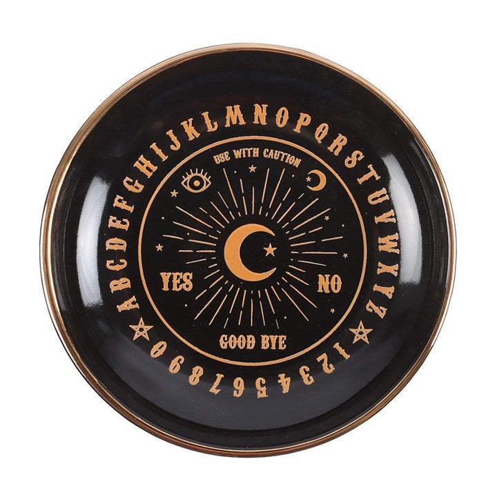 Black and gold talking board ceramic trinket dish — close up of gold detail